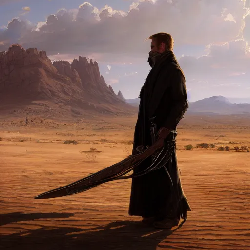 Image similar to the man in black fled across the desert, the gunslinger followed. Highly detailed painting Greg rutkowski. Good clear quality, high detail, octagon render 8k