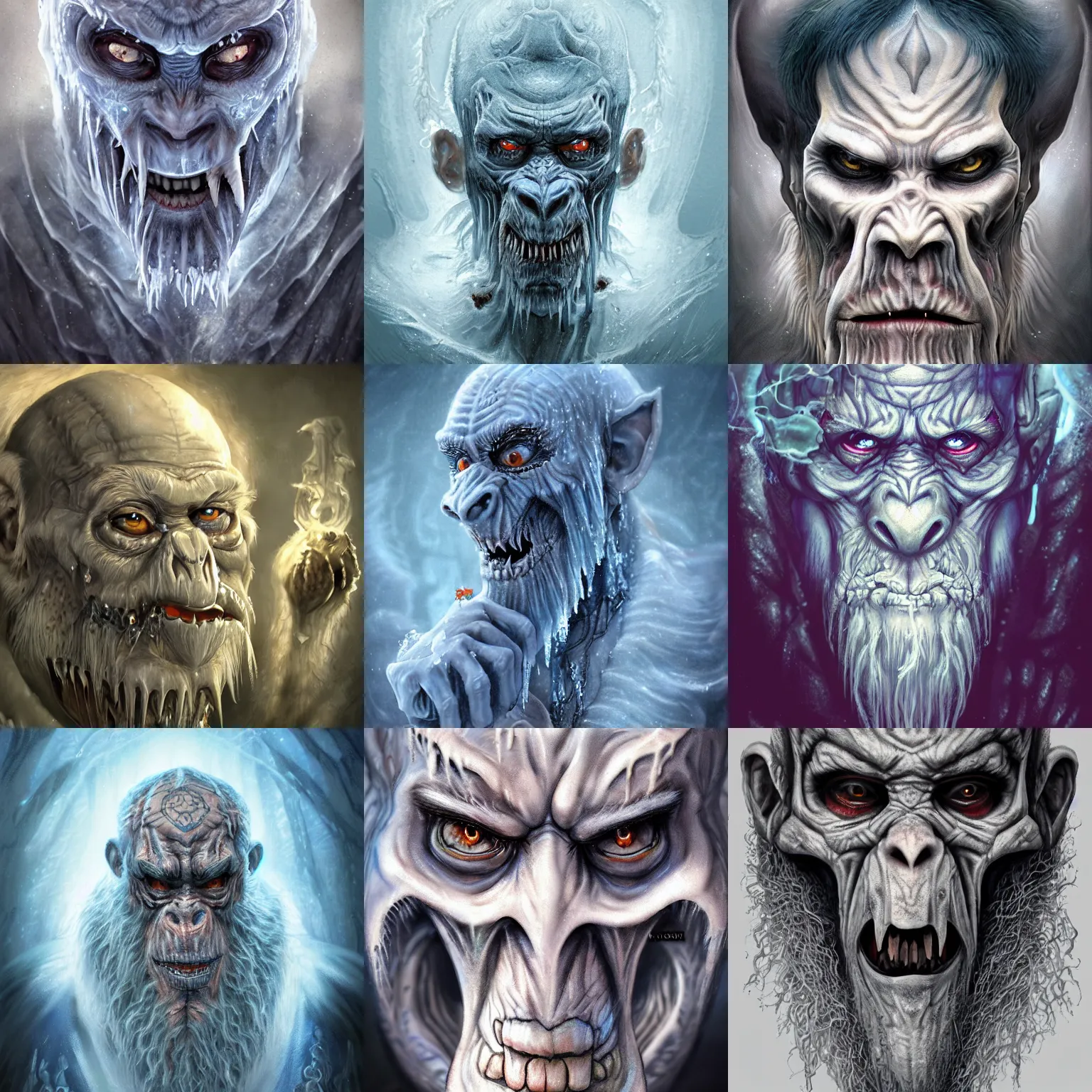 Image similar to a wlop 3 d render of very very very very highly detailed beautiful mystic portrait of a horror ice phantom ape demon with tattoos and frosty background by anton pieck, intricate, extremely detailed, digital painting, artstation, concept art, smooth, sharp focus, illustration, intimidating lighting, incredible art,