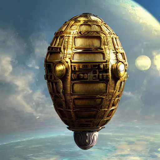 Image similar to enormous flying city in a faberge egg, sky background, steampunk, fantasy art, masterpiece, unreal engine