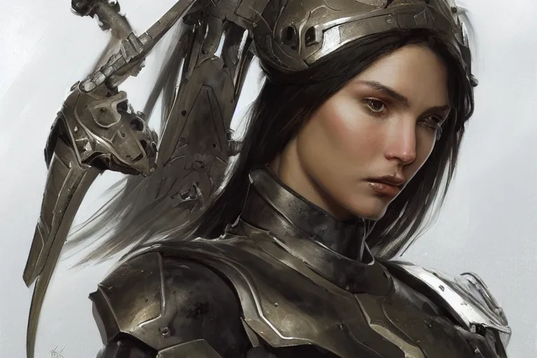 Prompt: a portrait of an attractive young woman, clothed in battle armor, olive skin, long dark hair, beautiful bone structure, symmetrical facial features, intricate, elegant, highly detailed, digital painting, trending on Artstation, concept art, smooth, sharp focus, illustration, from Metal Gear by Ruan Jia and Mandy Jurgens and Artgerm and greg rutkowski and william-adolphe bouguerea, award winning