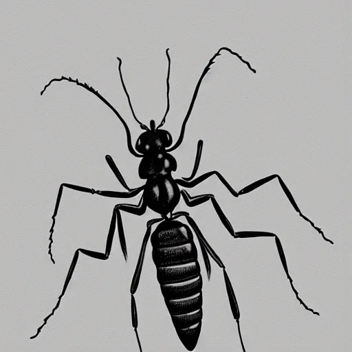 Prompt: soldier ant, black and white, botanical illustration