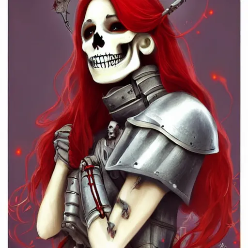 Image similar to cute & beautiful smug smiling undead skeleton girl with very attractive face and red hair dressed as a knight, elegant, digital art, fullbody painting, fantasy, pixar style, painting, pin up, highly detailed, artstation, art by artgerm, vrubel, greg rutkowski, ilya kuvshinov, raymond swanland