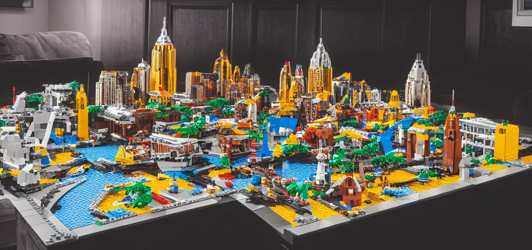 Image similar to detailed lego build of sydney on basement table, professional photo, professional lighting, HDR