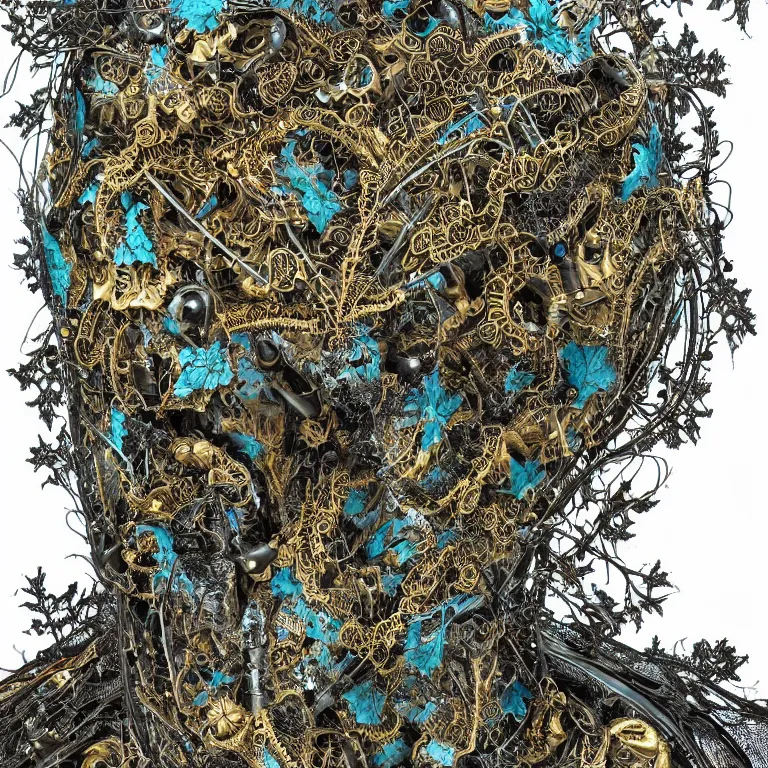 Image similar to dark scene, ultra detailed, of a large metal gothic helmet, biomechanical cyborg. big leaves and large Dragonflies, stems, roots, fine foliage lace, turquoise gold details, high fashion haute couture, art nouveau fashion embroidered, intricate details, mesh wire, mandelbrot fractal, anatomical, facial muscles, cable wires, elegant, hyper realistic, dark flower pattern wallpaper, ultra detailed