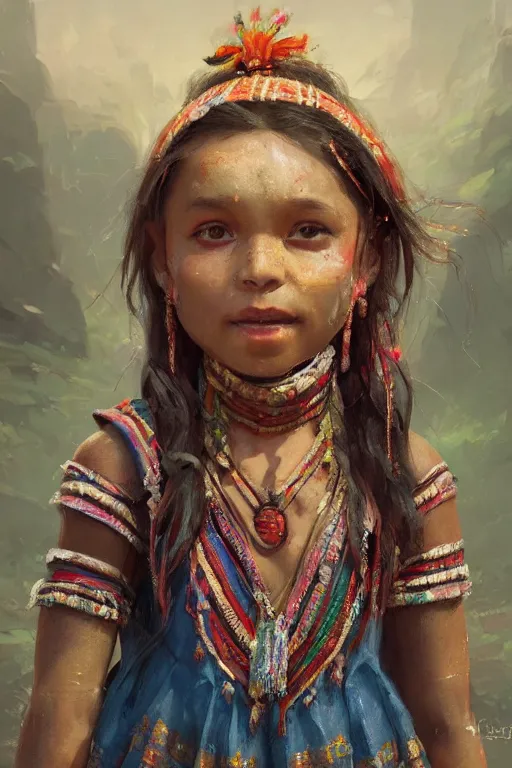 Image similar to aztec little girl, joyful, close - up portrait, intricate, elegant, volumetric lighting, scenery, digital painting, highly detailed, artstation, sharp focus, illustration, concept art, ruan jia, steve mccurry