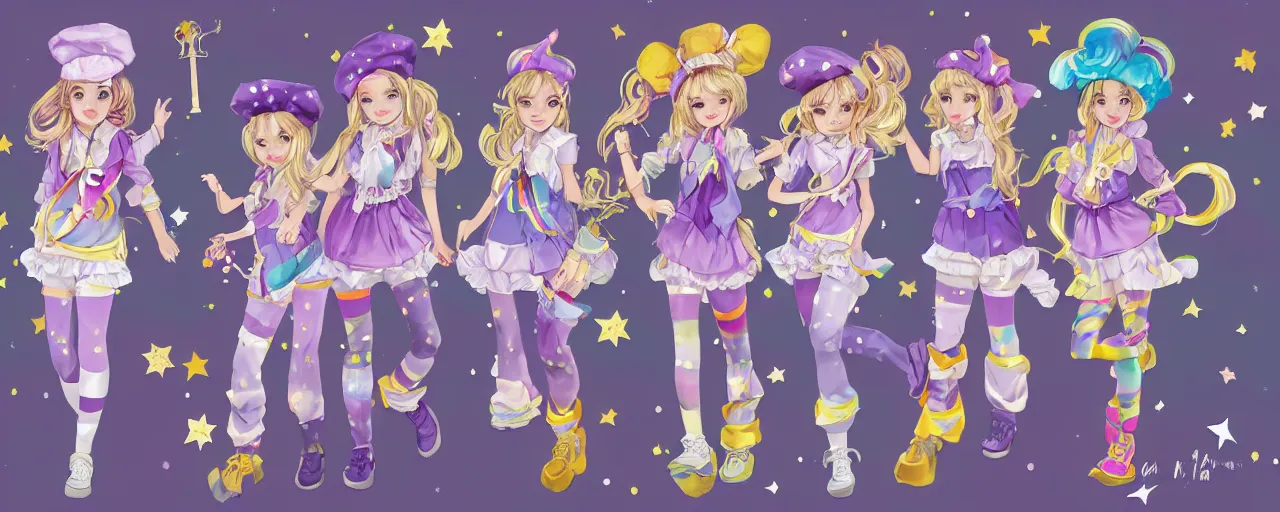 Image similar to A character sheet of full body cute magical girls with short blond hair wearing an oversized purple Beret, Purple overall shorts, Short Puffy pants made of silk, pointy jester shoes, a big billowy scarf, and white leggings. Rainbow accessories all over. Flowing fabric. Golden Ribbon. Covered in stars. Fancy Dress. Jasmine Pants. Short Hair. Art by Johannes Helgeson and william-adolphe bouguereau and Paul Delaroche and Alexandre Cabanel and Lawrence Alma-Tadema and WLOP and Artgerm. Fashion Photography. Decora Fashion. harajuku street fashion. Kawaii Design. Intricate, elegant, Highly Detailed. Smooth, Sharp Focus, Illustration Photo real. realistic. Hyper Realistic. Sunlit. Moonlight. Dreamlike. Fantasy Concept Art. Surrounded by clouds. Artist Clothes. Painter Clothes. Dreamer. 4K. UHD. Denoise.