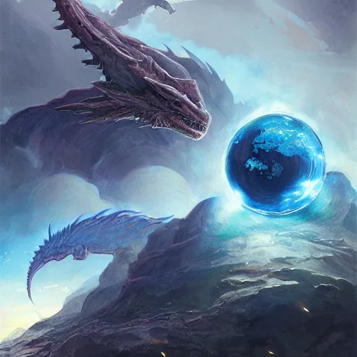 Image similar to Blue scaled dragon devouring an earth like planet in space, sun system, nebula, oil painting, by Fernanda Suarez and Edgar Maxence and Greg Rutkowski