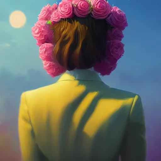 Prompt: closeup, massive rose flower head, frontal, girl in a suit, surreal photography, sunrise, dramatic light, impressionist painting, digital painting, artstation, simon stalenhag