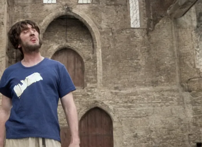 Image similar to scene from a 2 0 1 0 film set in 1 4 5 0 showing a man wearing a t - shirt