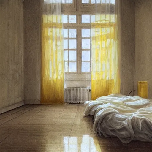 Image similar to cream - colored studio, vanilla - colored lighting, soft golden light, marble studio, marble floor, yellow lighting, bare room, empty room, studio room, art room, window to night time, night time, warm lighting inside, art by artgerm