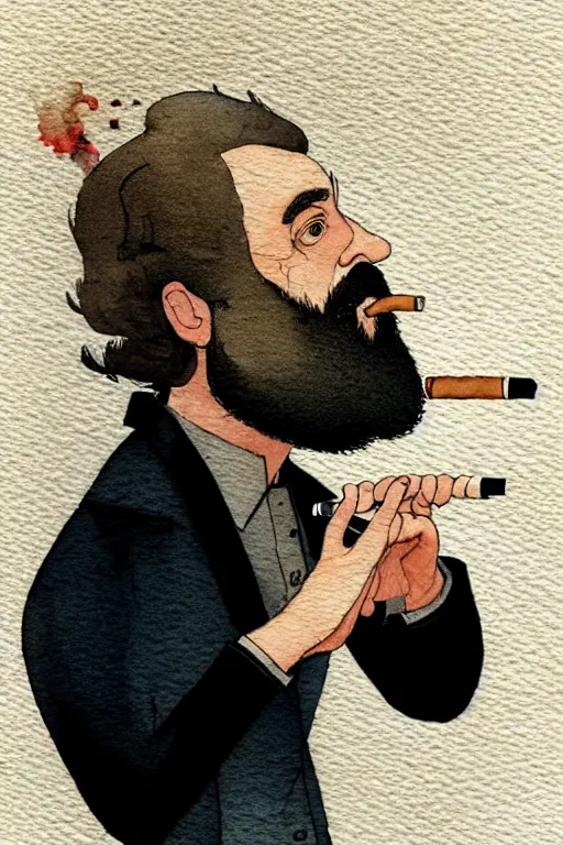 Image similar to portrait of a middle - aged writer with a beard, he is smoking a cigarette, watercolor style of greg rutkowski