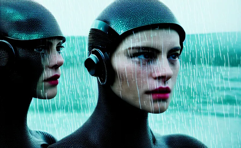 Image similar to cinestill 5 0 d candid photographic portrait by christopher nolan of two loving female androids wearing rugged black mesh techwear in treacherous waters, extreme closeup, modern cyberpunk retrofuturism moody emotional cinematic, pouring iridescent rain, 8 k, hd, high resolution, 3 5 mm, f / 3 2, ultra realistic faces, ex machina