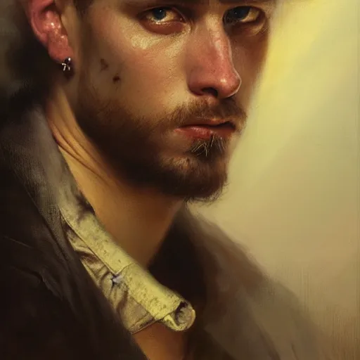 Prompt: a portrait of a good - lookiung white boy gangster,, high detail, cleary see face, by gaston bussiere, bayard wu, greg rutkowski, odd nerdrum, maxim verehin, dan dos santos, masterpiece, sharp focus, cinematic lightning - h 7 6 8