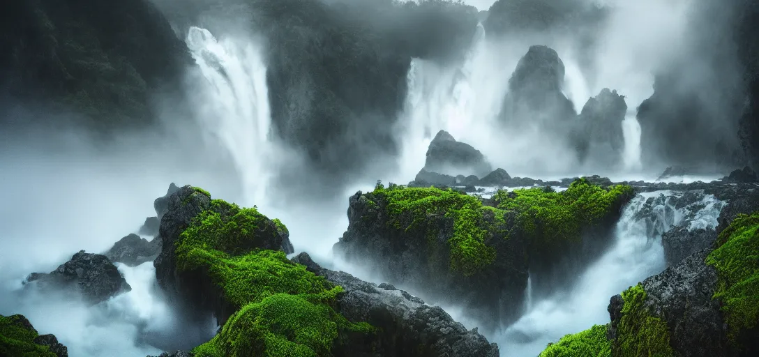 Prompt: dramatic view of a waterfall from a pacific island mountain, grey fog, waves, caustics, symmetry, dramatic lighting, ultra detailed, sharp, ambient occlusion, bloom, raytracing, vibrant, vivid colors, picturesque, by dylan cole and jordan grimmer