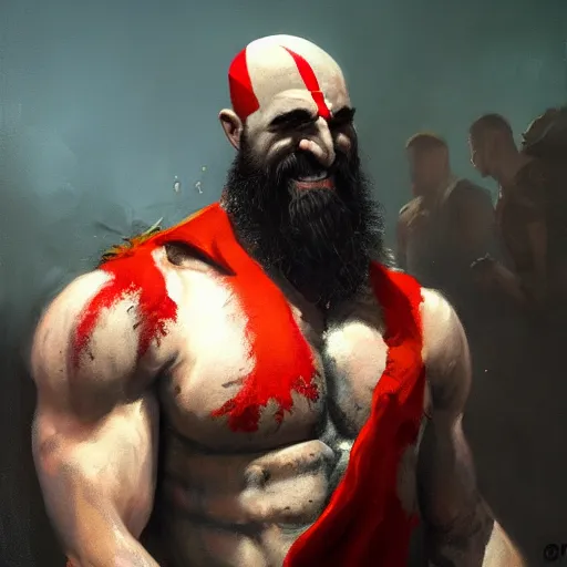 Prompt: oil painting of happy kratos as an mcdonald employee trending on artstation by greg rutkowski