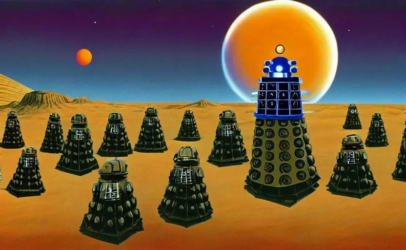 Image similar to daleks in the time vortex, beautiful retro art, no blur, 4 k resolution, ultra detailed, roger dean,