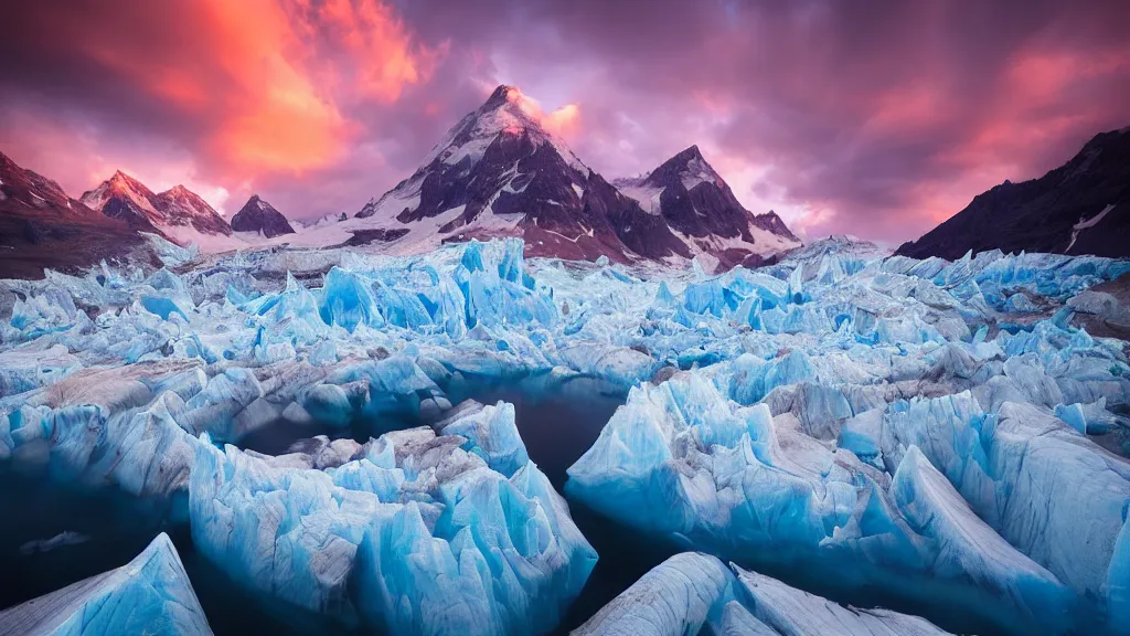 Image similar to amazing landscape photo of a glacier in sunset by marc adamus, beautiful dramatic lighting