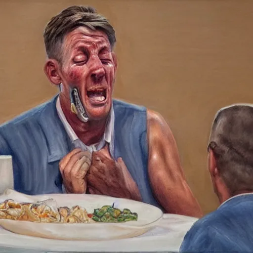 Image similar to a tall man crying at an all you can eat buffet, high detail, hyper realism