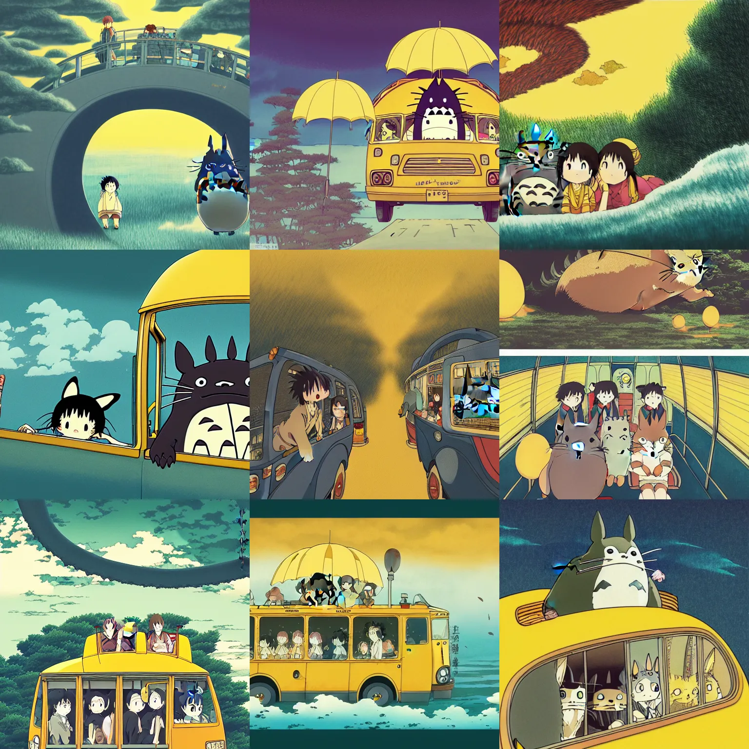 Prompt: anime scene from totoro, harry potter inside yellow cat bus, in style of hokusai and hayao miyazaki, digital art, cinematic, detailed illustration, 8 k
