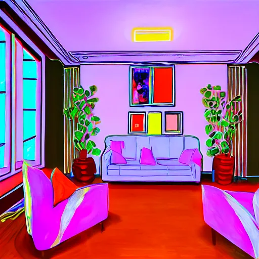 Image similar to hd photo of a living room, designed by and artist henri matisse paintings, wide lens, three point perspective, neon lights, highly detailed, unreal engine, photorealism