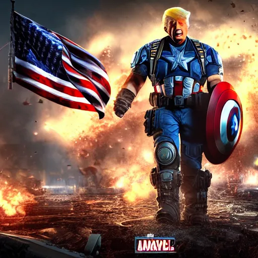 Image similar to Portrait! of President Donald Trump as ((captain america)) in Gears of War, patriotic, splash art, movie still, cinematic lighting, dramatic, octane render, long lens, shallow depth of field, bokeh, anamorphic lens flare, 8k, hyper detailed, 35mm film grain