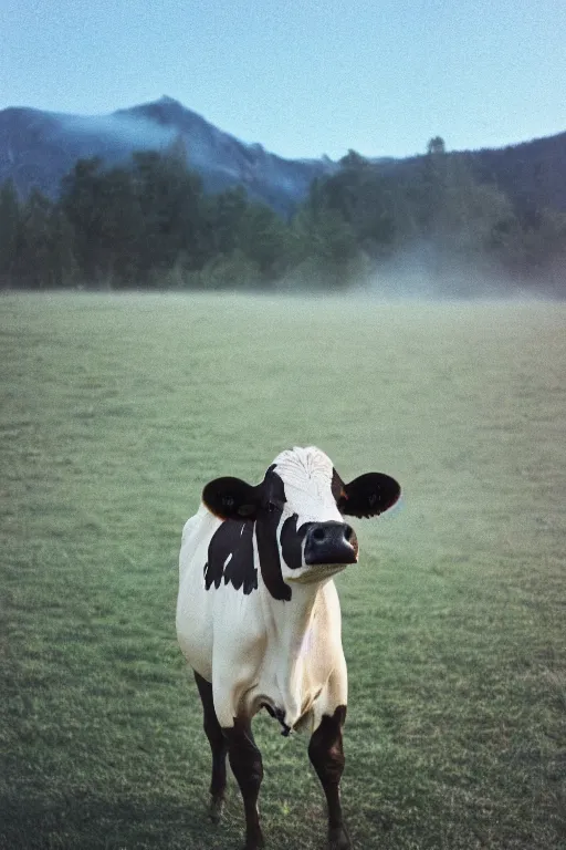 Prompt: film color photography, close-up cow face in the blue fog at the lawn, no focus, mountains in distance, 35mm