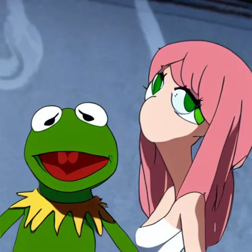 Image similar to kermit the frog in kill la kill, anime