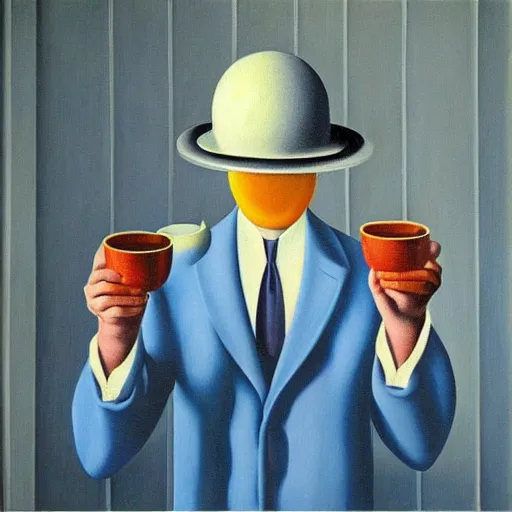Prompt: oil painting magritte of Breakfast nostaglia