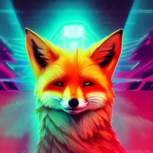 Prompt: digital fox, retrowave palette, highly detailed, anatomically correct vulpine, synth feel, fluffy face, ear floof, slender body, flowing fur, super realism, accurate animal imagery, 4 k digital art