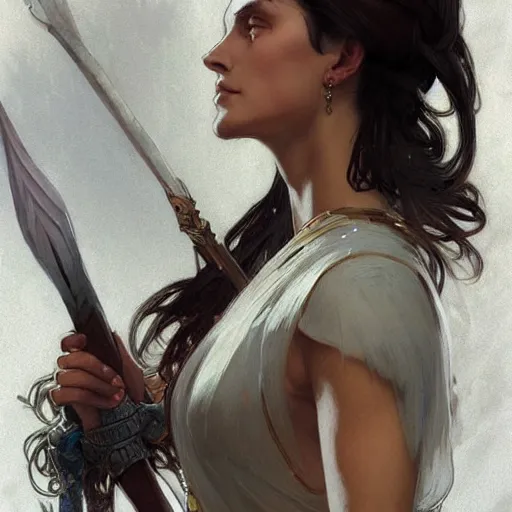 Image similar to a tall woman with dark hair with a crown on her head and a spear in her hand , highly detailed, digital painting, Artstation, concept art, smooth, sharp focus, illustration, art by Greg Rutkowski, Alphonse Mucha