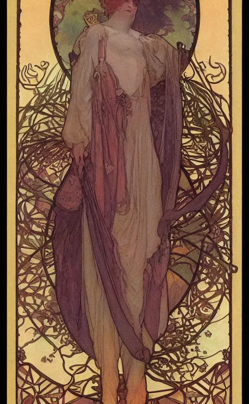 Image similar to the fool, tarot, beautiful border, by alfons maria mucha, highly detailded