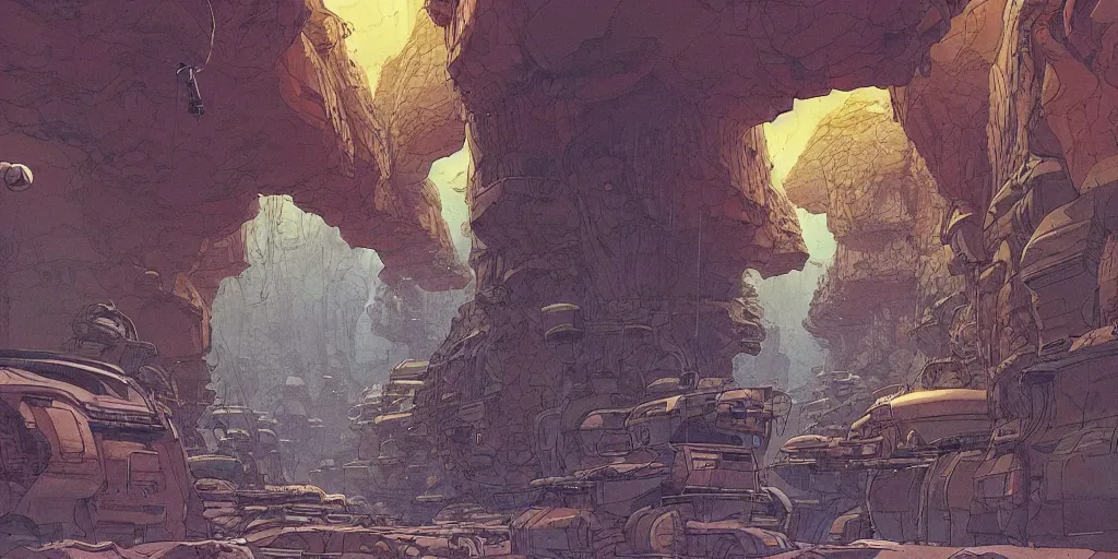 Prompt: natural cave with scifi huge experimental tanks and bizarre creatures in it , low ceiling, cables hanging from ceiling, thick cables on ground, ground perspective, computer screens, neons, top light , epic scene, 8k, illustration, art by ghibli moebius, comics art