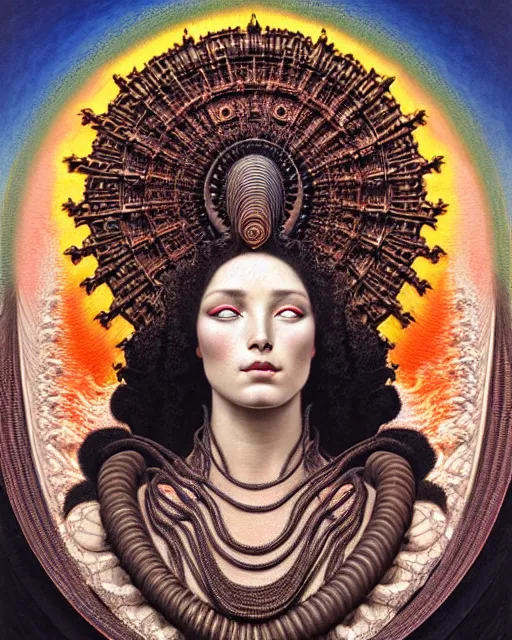 Prompt: hyperrealistic detailed face portrait of the beautiful goddess of the volcanos with an intricate headdress of an erupting volcano, art by ernst haeckel, john william godward, android jones, h. r. giger, gothic - cyberpunk, ornamental, dimmed pastel colours,