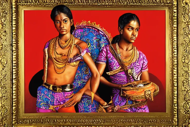 Image similar to a sri lankan girl pirate with iridescent skin by kehinde wiley