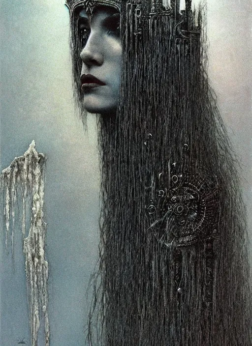 Image similar to portrait of majestic dark necromancer queen by Beksinski and Luis Royo