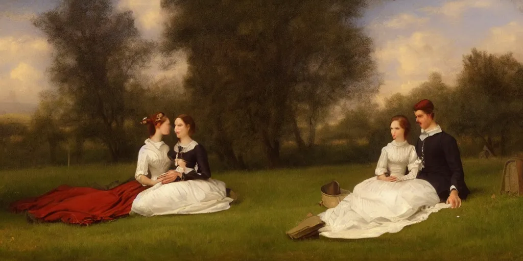 Prompt: a small couple in victorian formal attire sitting in grass beneath a skyline of huge buildings, painting in the style of hudson river school, 4 k