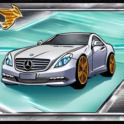 Prompt: mercedes benz in the style of a yugioh card