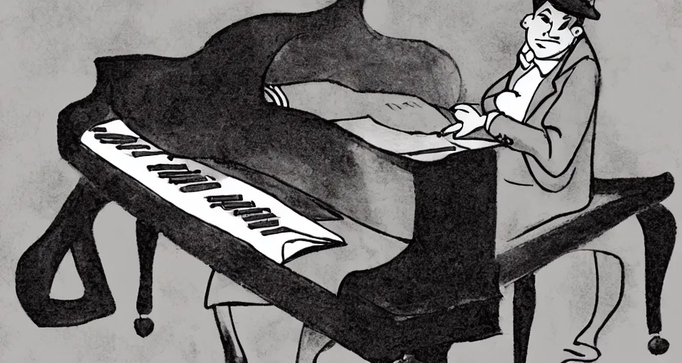 Image similar to a man playing a piano in the style of a disney cartoon