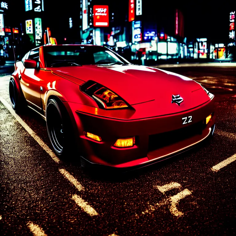 Image similar to close-up-photo Nissan Z32 turbo illegal roadside night meet, work-wheels, Shibuya Shibuya, cinematic colors, photorealistic, highly detailed, night photography