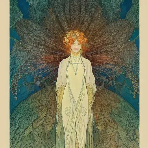Image similar to a beautiful intricate watercolor illustration of an angel of nature, leaves, 4 k, ultra - wide angle, by william turner, by victo ngai, by alphonse mucha, by moebius, by gustave dore, hd, trending on artstation, hyper detailed, muted intense colors
