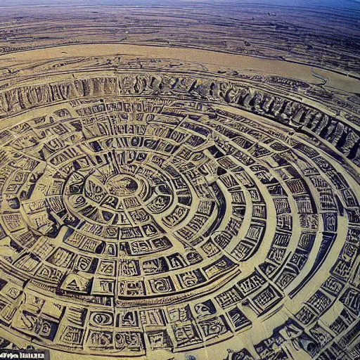 Image similar to A sprawling Mesopotamian city arranged in concentric circles as seen from above, with a giant tower and temple at its center