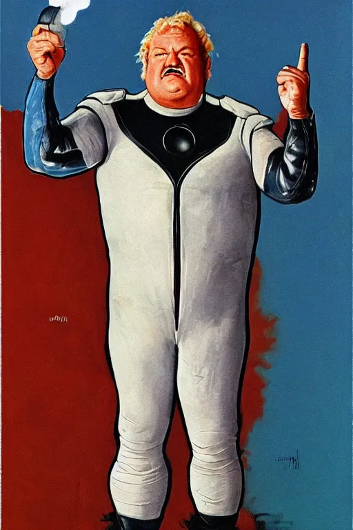 Prompt: full body portrait of actor kenneth mcmillan as baron harkonnen wearing leather spacesuit in dune, colour painting by normal rockwell
