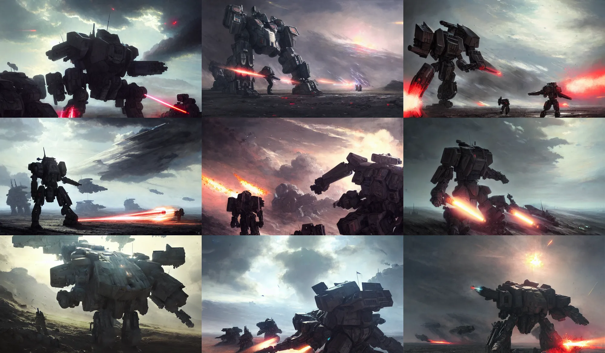 Image similar to an armored core on the ground, booster flares, legs, laser rifles, karst landscape, clouds, daylight ; detailed illustrations, pastel tones, deep colors, clear lines, motion blur, by jordan grimme, greg rutkowski