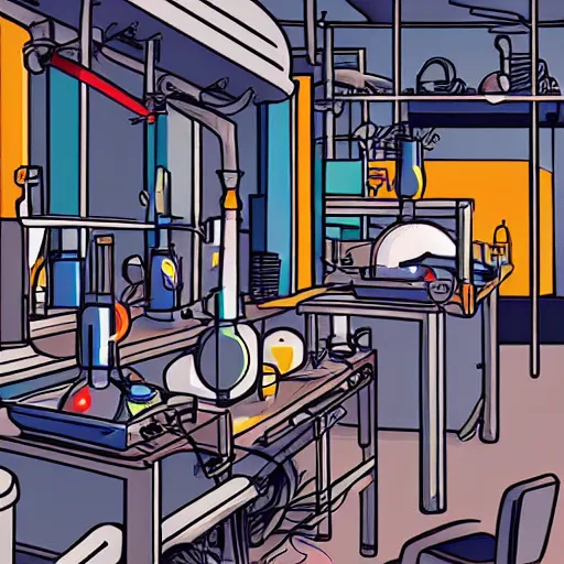 Prompt: editorial illustration of a laboratory setup from a mad scientist, fine texture, dynamic composition, detailed, dynamic perspective, colorful modern
