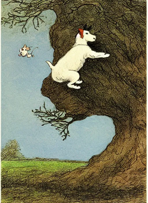 Prompt: jack russel terrier jumping from the ground over a small tree, illustrated by peggy fortnum and beatrix potter and sir john tenniel