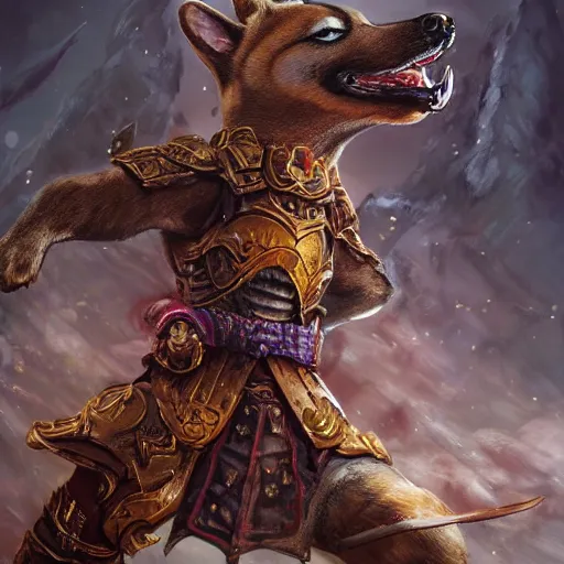 Prompt: shiba inu Dog, battle armour, Anthropomorphized, casting epic spell, magic the gathering artwork, D&D, fantasy, cinematic lighting, centered, symmetrical, highly detailed, digital painting, artstation, concept art, smooth, sharp focus, illustration, volumetric lighting, epic Composition, 8k, art by Akihiko Yoshida and Greg Rutkowski and Craig Mullins, heroic pose, oil painting, cgsociety, magic lab background
