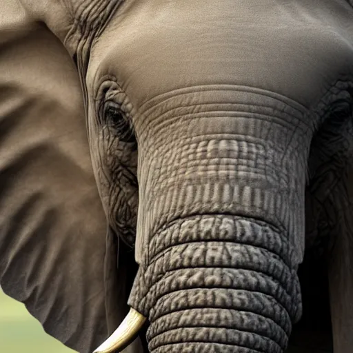 Image similar to elephant with horn in its head, ultra - realistic, elephant wrinkles, face close - up, 8 k.