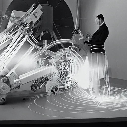Image similar to filmstill of Marcel Duchamp working on a futuristic machine, long exposure, historical epic composition, in the style of Hito Steyerl and Andreï Tarkovski, archival pigment print