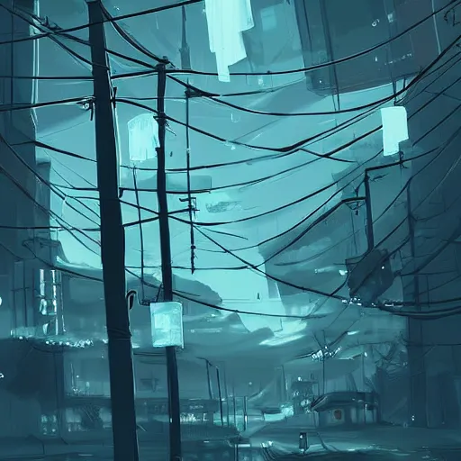 Image similar to teal and white colors. Utility poles in style of cytus and deemo, mysterious vibes, set in half-life 2, beautiful with eerie vibes, very inspirational, very stylish, surrealistic, perfect digital art, mystical journey in strange world, bastion game