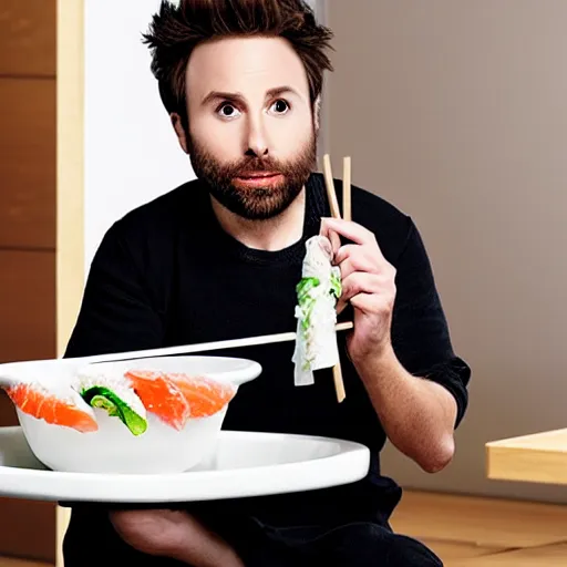 Prompt: Charlie Day eating sushi out of a white toilet bowl with chopsticks, 8k, photo realistic